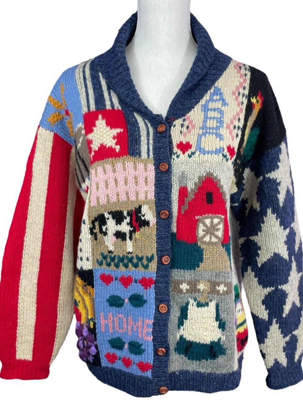 Eagle's Eye School Graphic Cardigan M 100% Wool Sweater Farmhouse Patriotic VTG